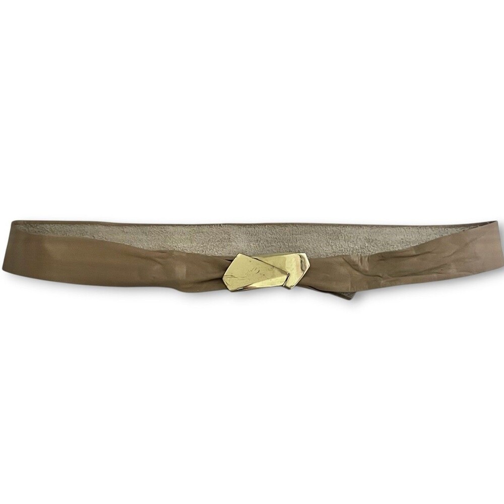 VTG 80s Beige Leather Adjustable Fashion Belt Gold Tone Interlocking Buckle M/L